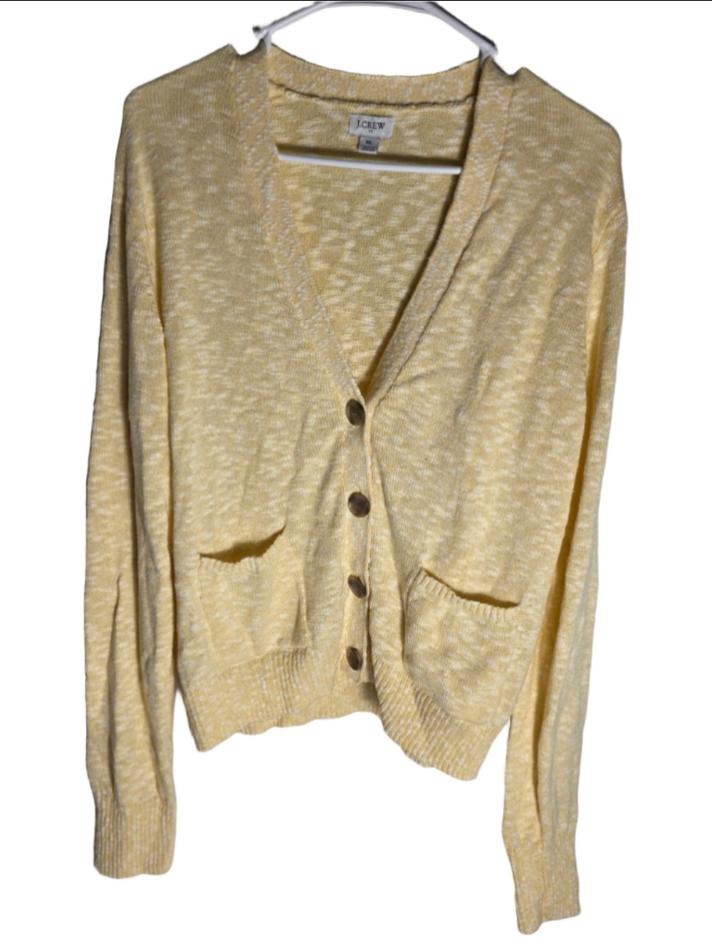 Women's J.Crew Cardigan Sweater XL Yellow White V-Neck Button Front cottagecore - Picture 2 of 7
